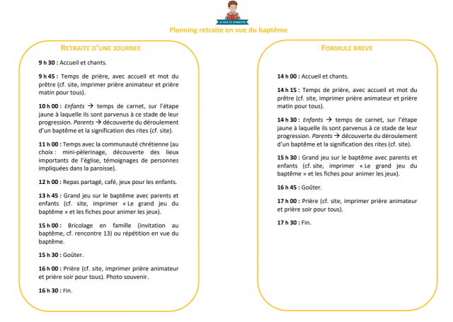 Planning retraite en vue du baptême