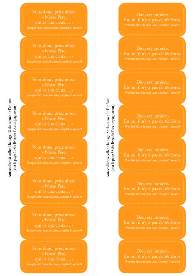 Deux versets bibliques à imprimer et coller dans les documents du catéchiste et des enfants (étapes Orange 3 et Orange 4).