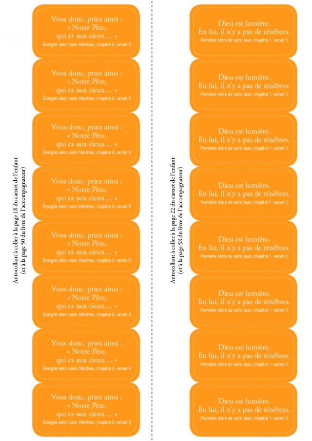 Deux versets bibliques à imprimer et coller dans les documents du catéchiste et des enfants (étapes Orange 3 et Orange 4).