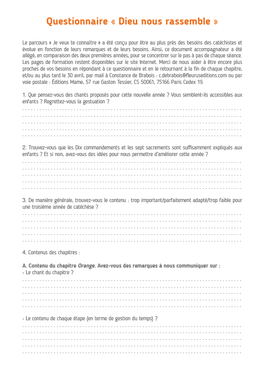 Questionnaire année 3 à renvoyer aux éditions Mame.                        